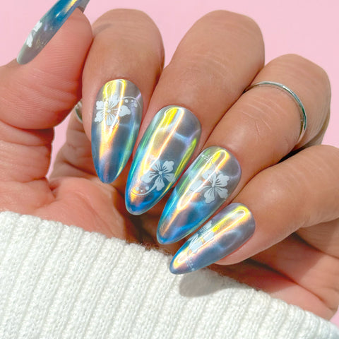 Water Chrome Floral Nail Art Sticker / Tropical Hibiscus / White Summer Flowers Floral Design Trend