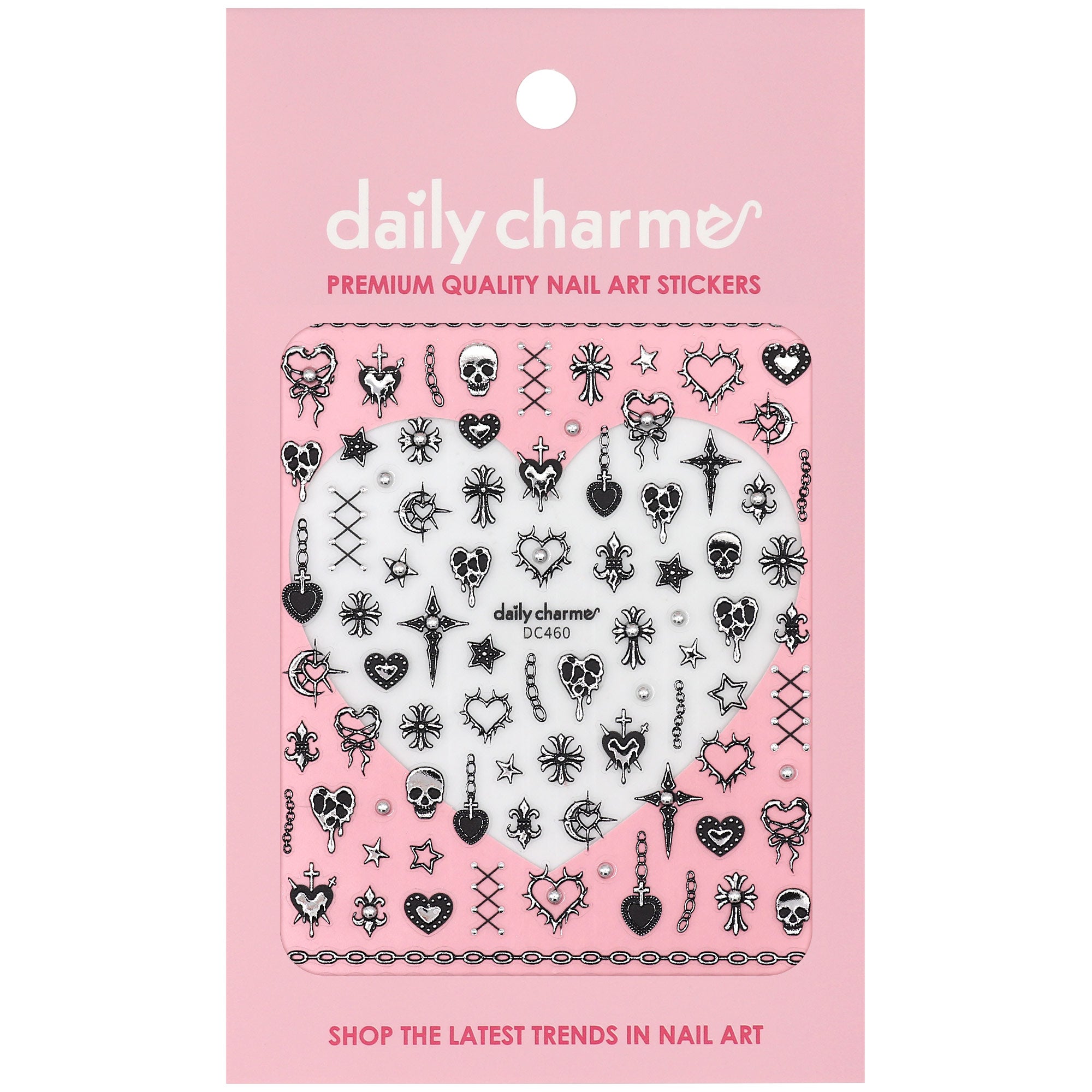 Bejeweled Nail Art Sticker / Dark Romance 3D Decal Skull Drip Heart Chains Goth Design Black Chrome Silver