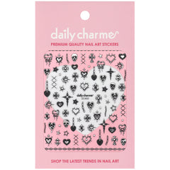 Bejeweled Nail Art Sticker / Dark Romance 3D Decal Skull Drip Heart Chains Goth Design Black Chrome Silver