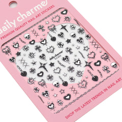 Bejeweled Nail Art Sticker / Dark Romance 3D Decal Skull Drip Heart Chains Goth Design Black Chrome Silver