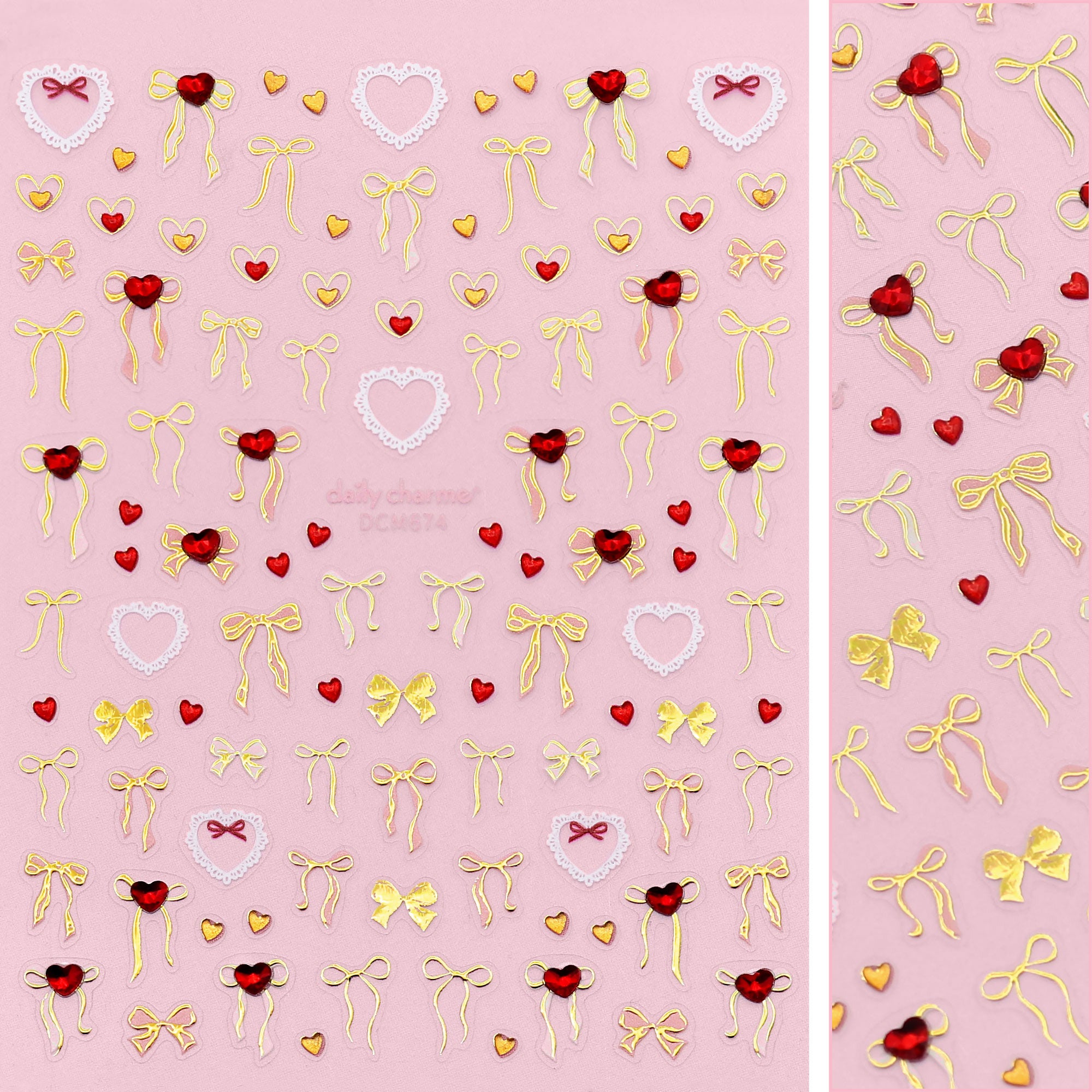 Valentine Bejeweled Nail Art Sticker / Lovely Fairy Bows Red Heart Sticker Gold Coquette Yellow Jelly White Lace