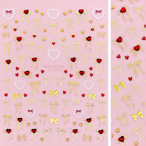 Valentine Bejeweled Nail Art Sticker / Lovely Fairy Bows Red Heart Sticker Gold Coquette Yellow Jelly White Lace
