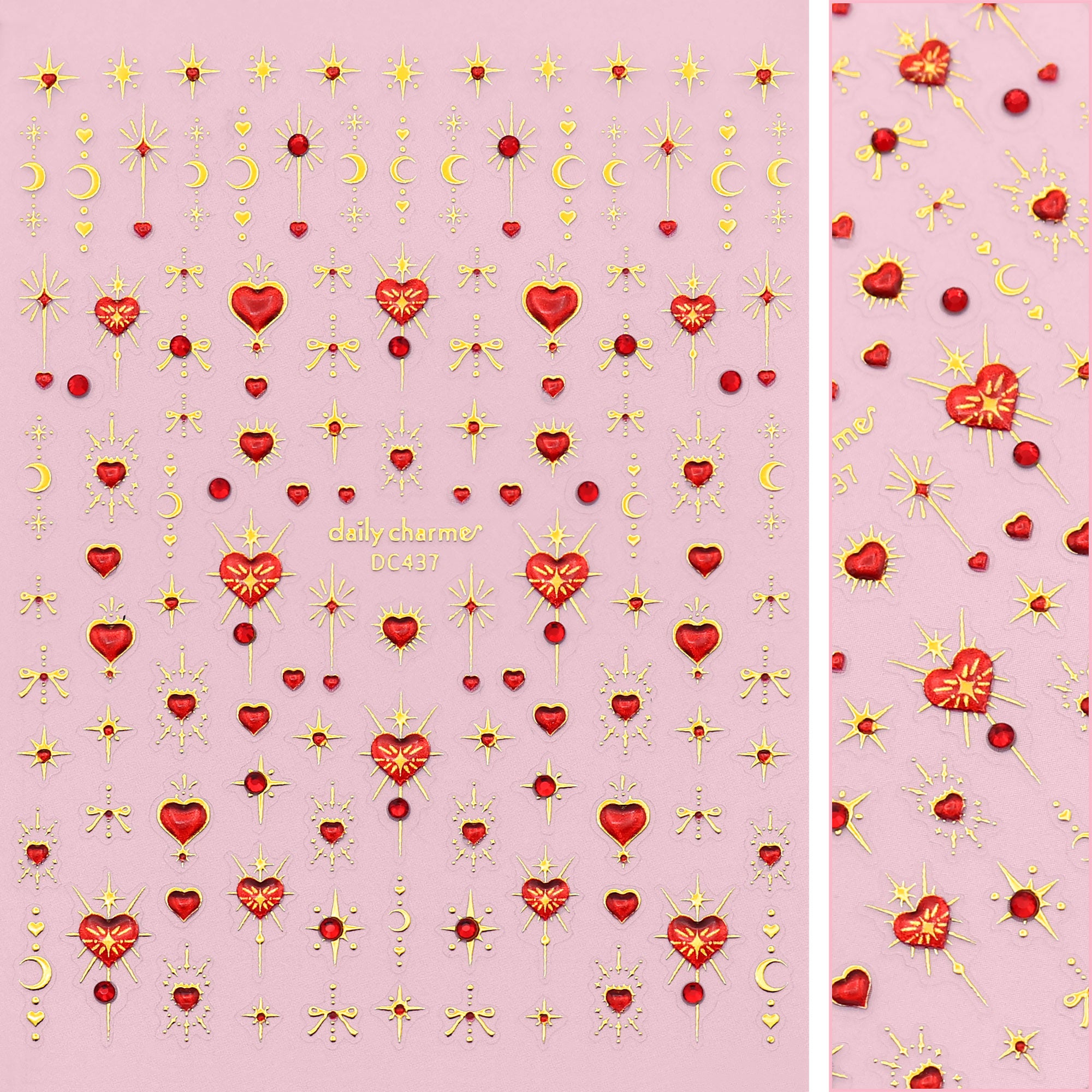Valentine Bejeweled Nail Art Sticker / Starcrossed Hearts Red Jelly Metallic Gold Stars Moon Sparkle Bows