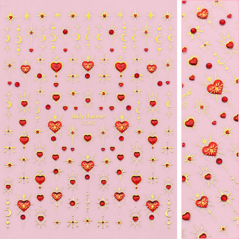 Valentine Bejeweled Nail Art Sticker / Starcrossed Hearts Red Jelly Metallic Gold Stars Moon Sparkle Bows