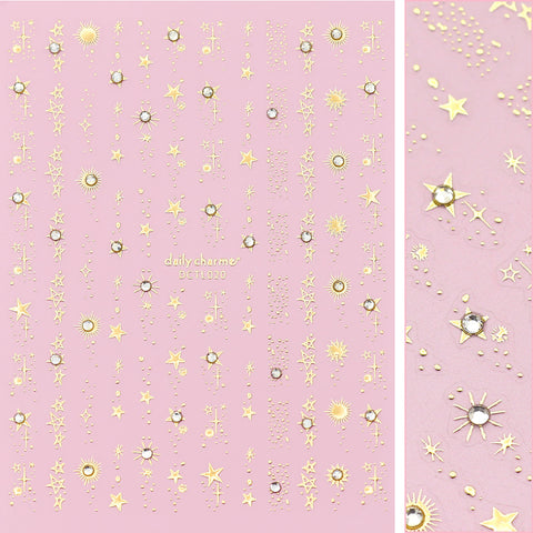 Bejeweled Nail Art Sticker Star Sparkles Galaxy 3D Decal Crystal Starstruck / Gold