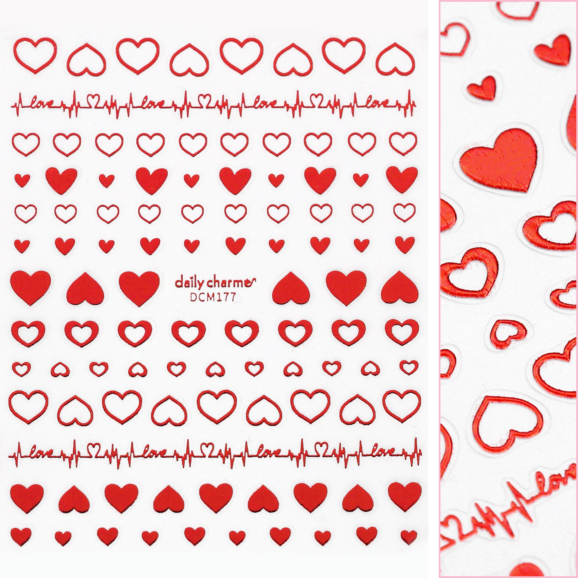 Valentine Nail Art Sticker / Heartbeat Love / Metallic Red Cute Decal 