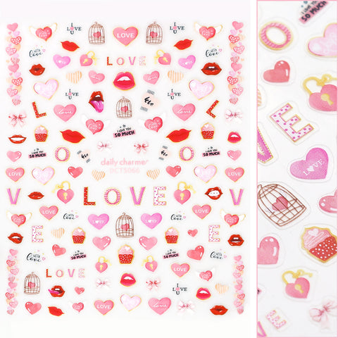 Valentine Nail Art Sticker / With Love Pink Heart Lip Cupcake 