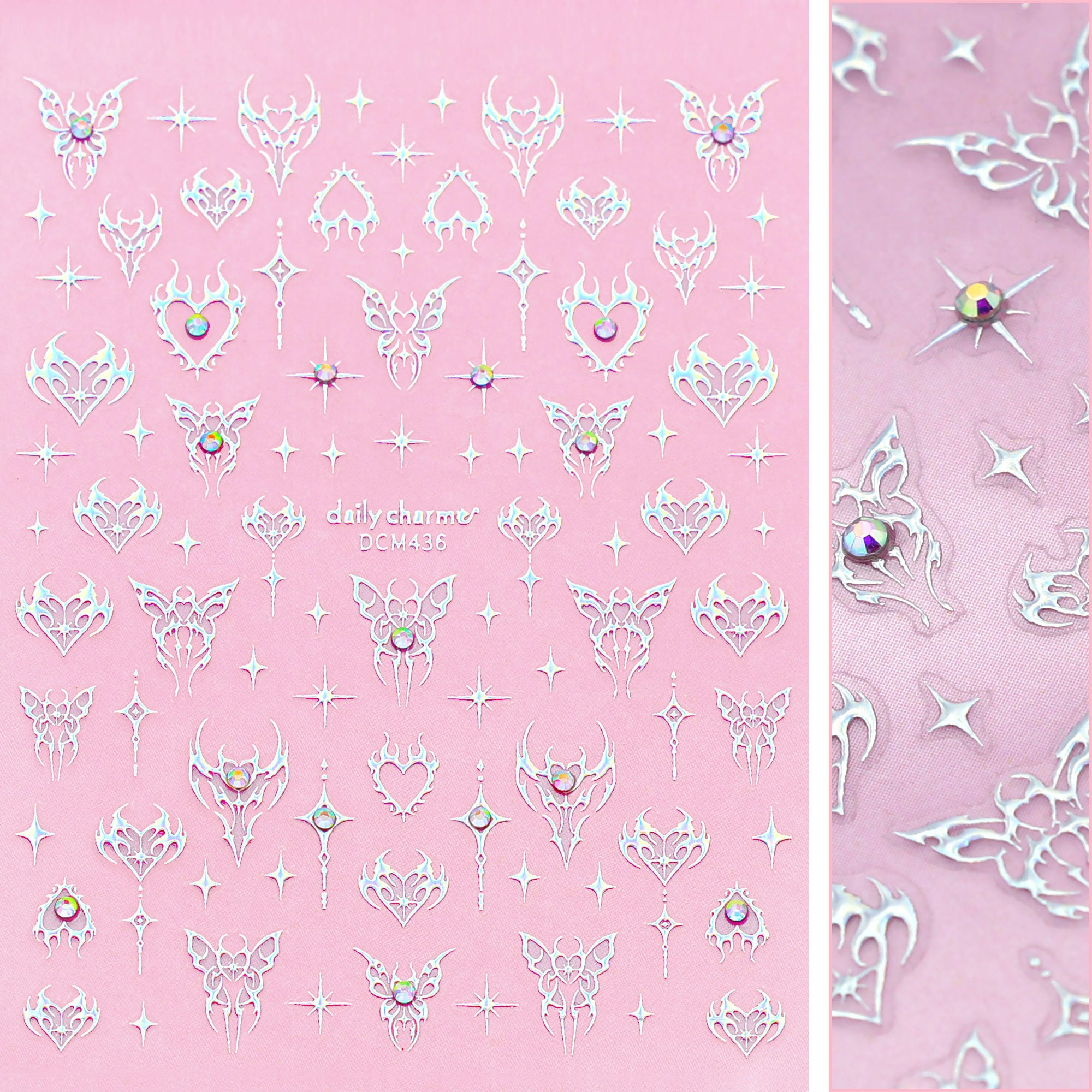 Y2K Bejeweled Nail Art Sticker / Angelfire Flutter Holographic Butterfly Sparkles Flame Heart