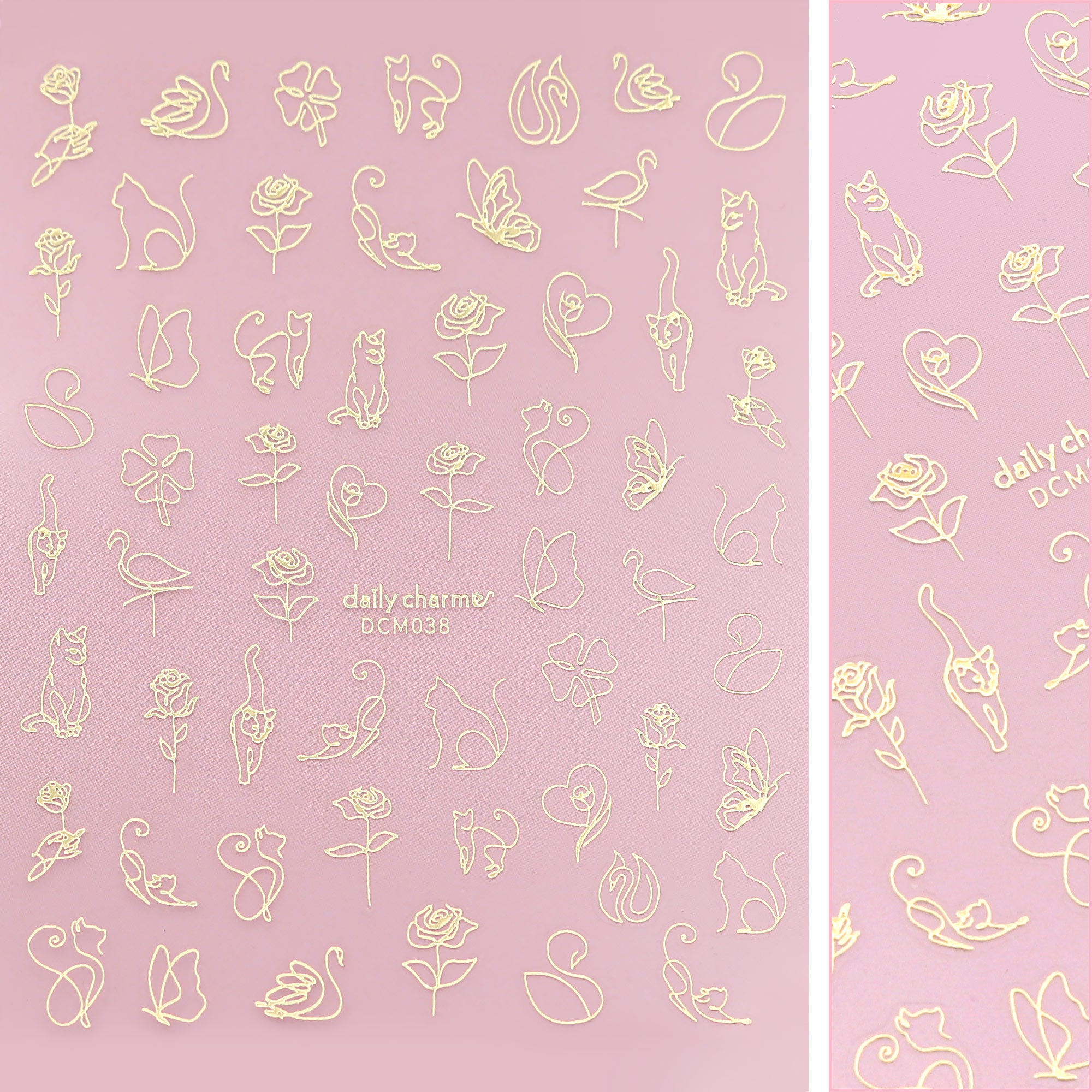 Chic Nail Art Sticker Decal Cat Abstract Rose Butterfly / Kitty Line Art / Metallic Gold