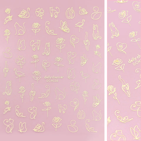 Chic Nail Art Sticker Decal Cat Abstract Rose Butterfly / Kitty Line Art / Metallic Gold