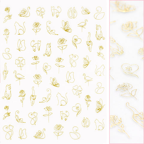 Chic Nail Art Sticker / Kitty Line Art / Metallic Gold