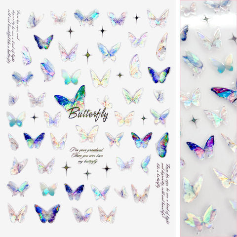 Holographic Butterfly Nail Art Sticker / Ethereal White Blue Purple Iridescent Nail Design Sparkles