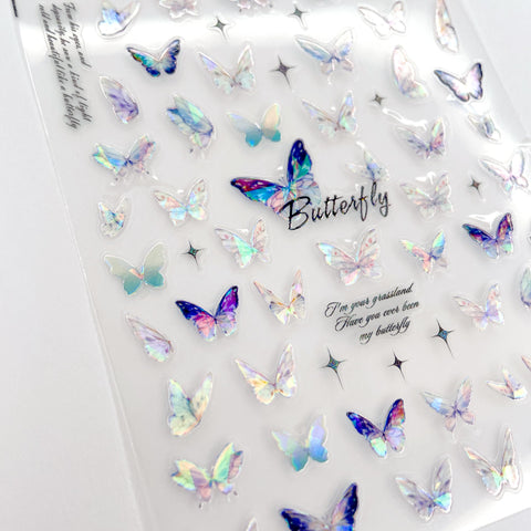 Holographic Butterfly Nail Art Sticker / Ethereal White Blue Purple Iridescent Nail Design Sparkles