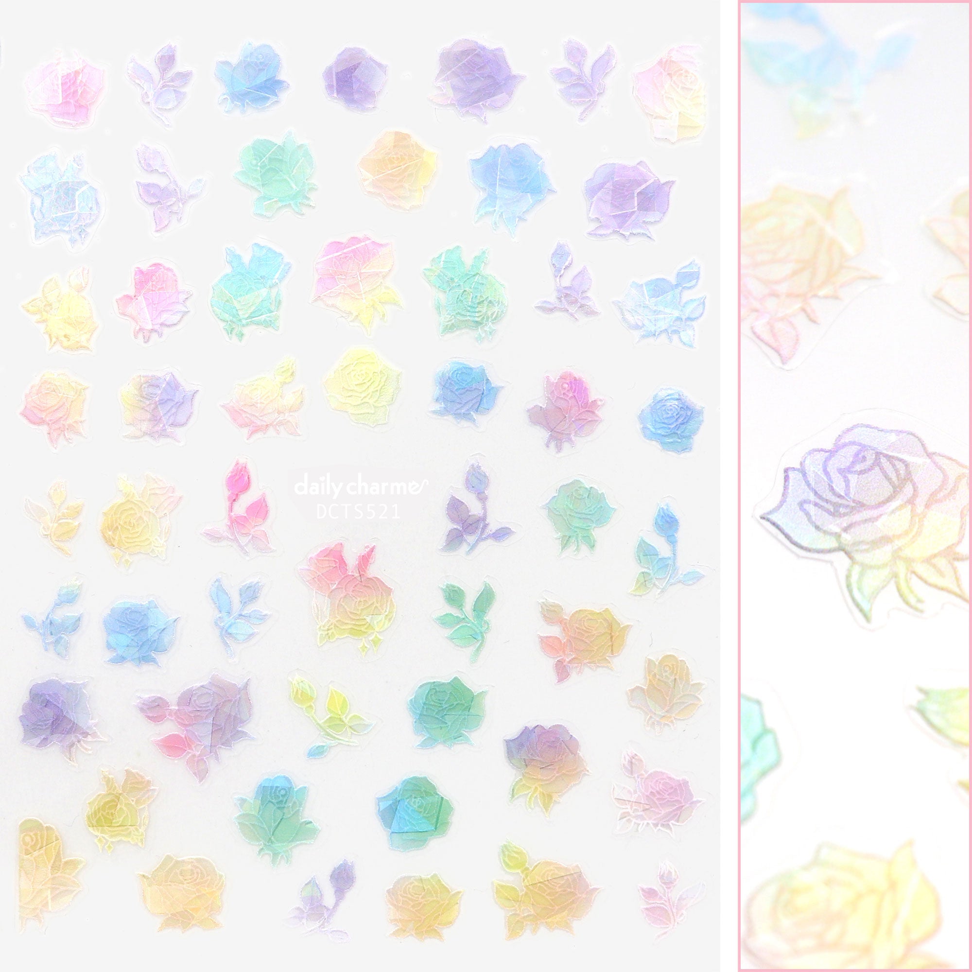 Floral Nail Art Sticker / Iridescent Roses / Colorful Rainbow Flower Cute Decal
