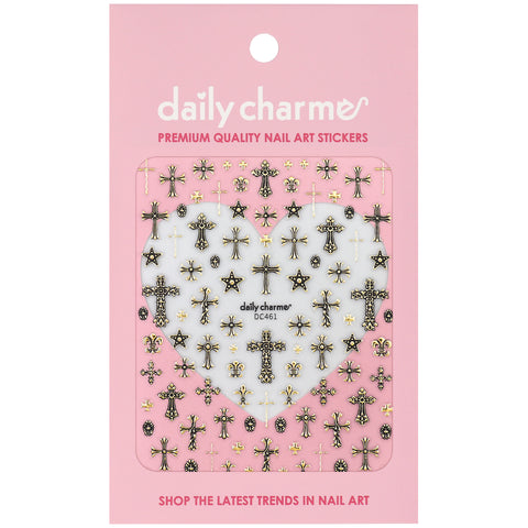 3D Embossed Nail Art Sticker / Ornate Crosses / Gold Decal Vintage Design Chrome Star Heart Filigree