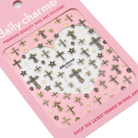 3D Embossed Nail Art Sticker / Ornate Crosses / Gold Decal Vintage Design Chrome Star Heart Filigree