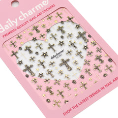 3D Embossed Nail Art Sticker / Ornate Crosses / Gold Decal Vintage Design Chrome Star Heart Filigree