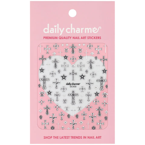 3D Embossed Nail Art Sticker / Ornate Crosses / Silver Decal Vintage Design Chrome Star Heart Filigree