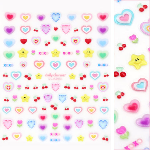 Valentine 3D Embossed Nail Art Sticker / Heart Pop Colorful Star Cherry Cute Kawaii Nail Decals