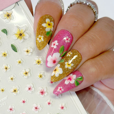 3D Embossed Nail Art Sticker / Plumeria Blooms Pink White Yellow Flowers Hawaiian Tropical Summer Design