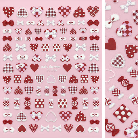 3D Embossed Nail Art Sticker / Patchwork Hearts Valentine's Day Nail Design Red White