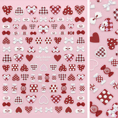 3D Embossed Nail Art Sticker / Patchwork Hearts Valentine's Day Nail Design Red White