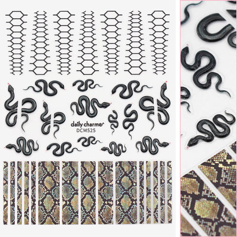 3D Embossed Nail Art Sticker / Holo Sunbeam Snake Holographic Print Edgy Design