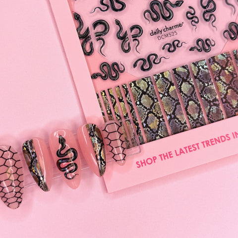 3D Embossed Nail Art Sticker / Holo Sunbeam Snake Holographic Print Edgy Design