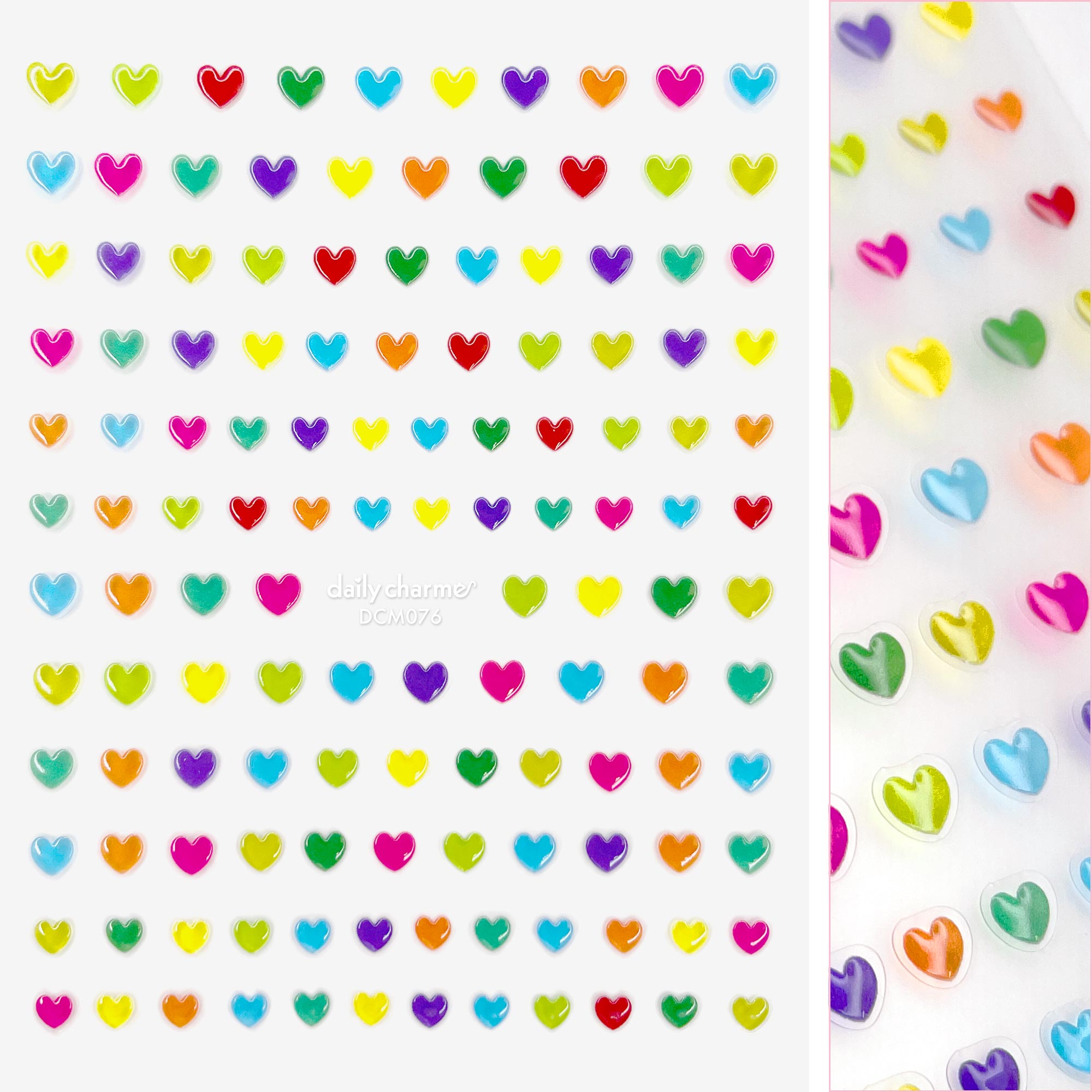3D Embossed Nail Art Sticker / Rainbow Jelly Hearts Green Yellow Blue Red Summer Fun Designs