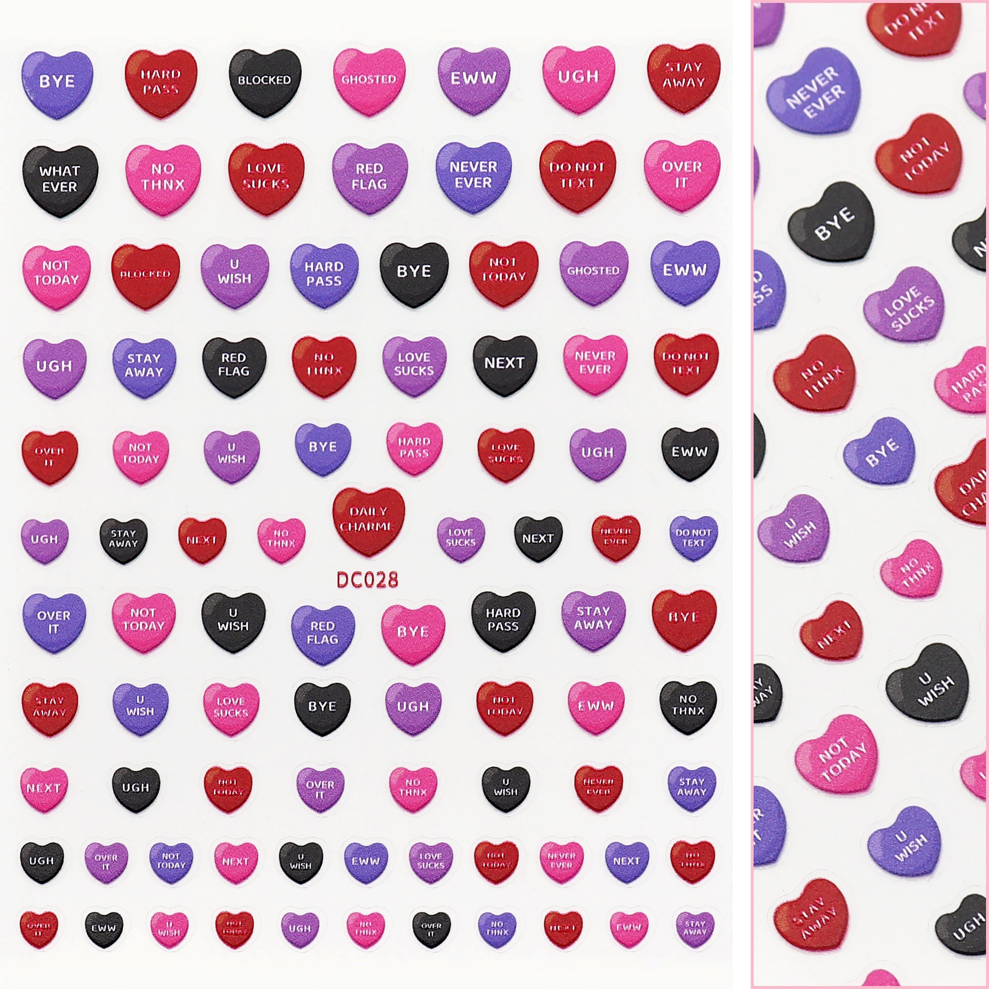 Valentine 3D Embossed Nail Art Sticker / Anti-Sweet Talk Black Purple Pink Red Candy Cute Design