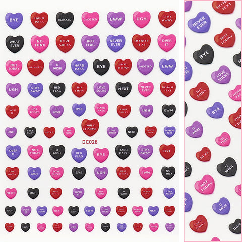 Valentine 3D Embossed Nail Art Sticker / Anti-Sweet Talk Black Purple Pink Red Candy Cute Design