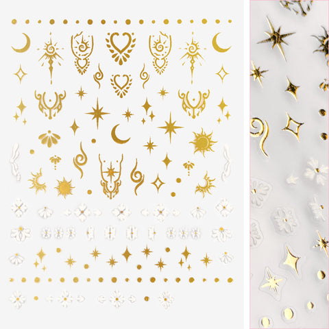 3D Embossed Nail Art Sticker/ Celestial Element Gold Foil Stars Dots Moon Bohemian Design