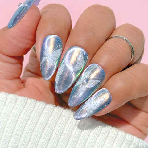 White Iridescent Rainbow Butterfly Nail Decal Art Sticker Fairy Wings with Crystals Dreamy Wedding Spring Design