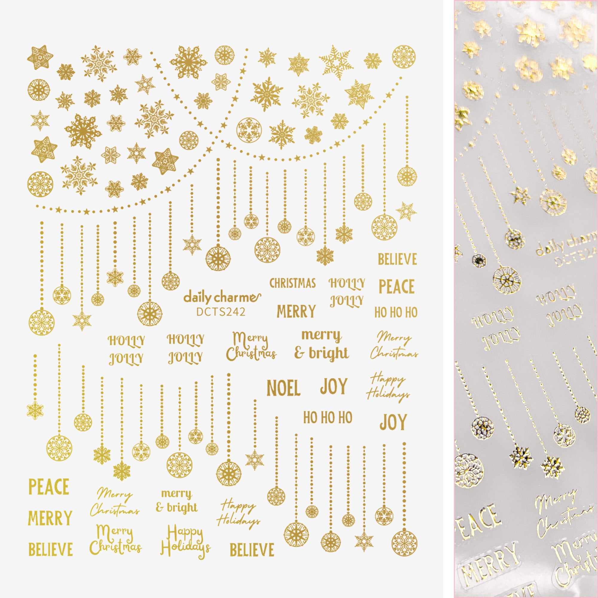 Holiday Festive Nail Art Sticker / Snowy Celebration / Gold Snowflakes Baubles Chains Christmas Greetings Decal