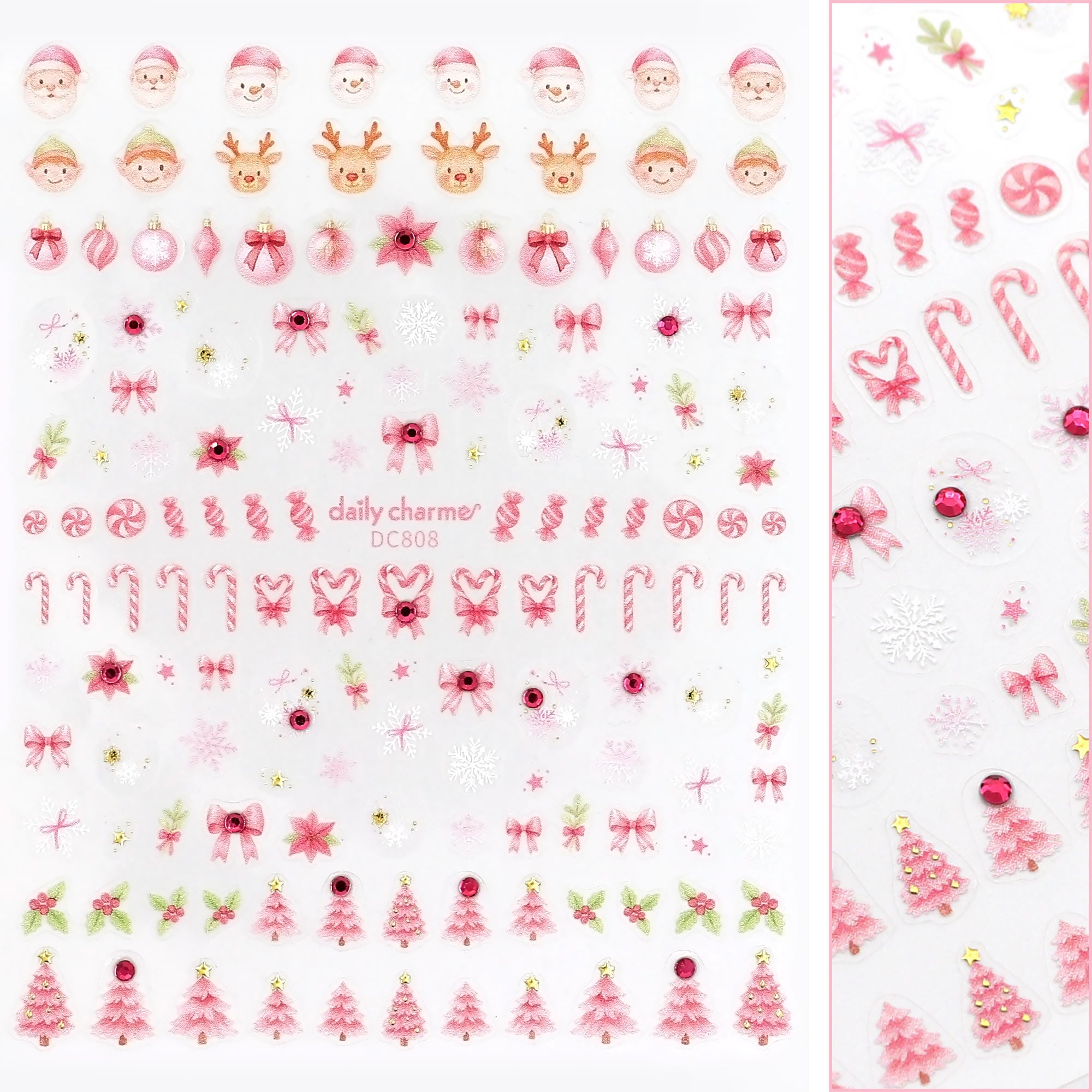 Holiday 3D Bejeweled Nail Art Sticker / Merry Pinkmas Christmas Pink Candy Cane Bow Santa Trees Cute