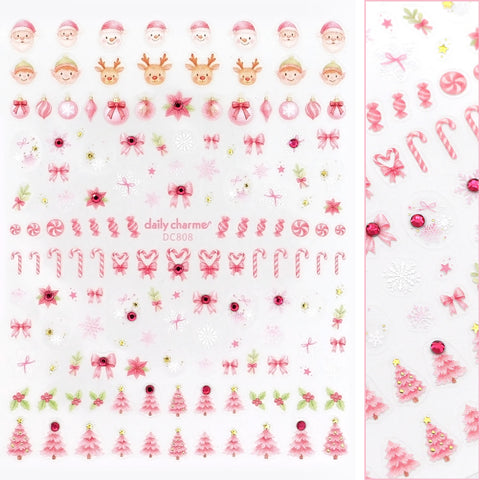 Holiday 3D Bejeweled Nail Art Sticker / Merry Pinkmas Christmas Pink Candy Cane Bow Santa Trees Cute