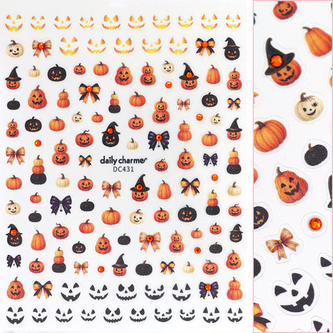Halloween Bejeweled Nail Art Sticker / Wicked Pumpkins Jack O Lantern Orange Black Bow Coquette