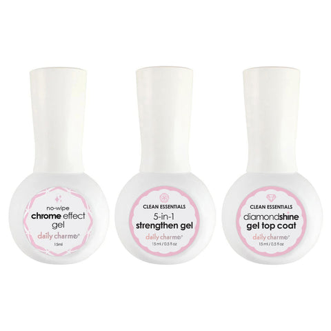 Daily Charme Chrome Effect Glazed Nail Gel Kit | Gel Nail Art Bundle Deal Clean Essential 5-in-1 Strengthening Gel HEMA TPO Free Diamond Gel Topcoat