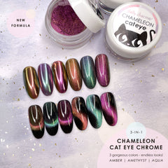 3-in-1 Chameleon Cat Eye Chrome Powder / Amethyst Purple Pink Green Nail Polish Magnetic Effect