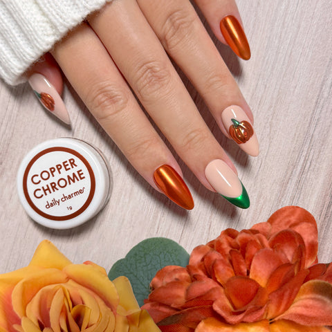 Mirror Copper Chrome Powder Nail Art Orange Thanksgiving Pumpkin Design