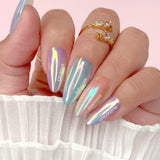 Mermaid Aurora Chrome Powder Warm Pink Teal Sheen Glazed Nail Donut Trend Viral Iridescent Rainbow