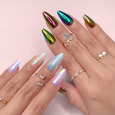 Mermaid Aurora Chrome Powder Warm Pink Teal Sheen Glazed Nail Donut Trend Viral Iridescent Rainbow