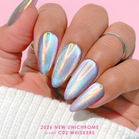 Unichrome Aurora Unicorn Chrome Powder Nail Art Rainbow Effect over Cat Eye Magnetic Silver Polish Pigment Bestselling Trend Iridescent 2026 Improved Formula Vibrant Shinier Brighter