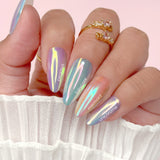 Mermaid Aurora Chrome Powder Warm Pink Teal Sheen Glazed Nail Donut Trend Viral Iridescent Rainbow