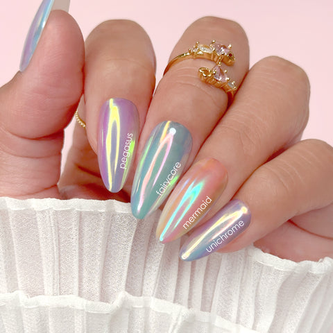 Mermaid Aurora Chrome Powder Warm Pink Teal Sheen Glazed Nail Donut Trend Viral Iridescent Rainbow