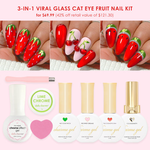 3-in-1 Viral Glass Cat Eye Fruit Nail Kit Gel Strawberry Watermelon Cherry Design Value Set