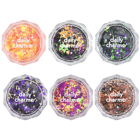 Spooky Halloween Glitter Mix Set / 6 Jars Fun Nail Decor Sparkly Purple Orange Black Green