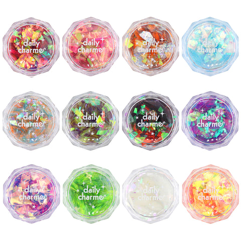 Colorful mylar glitter flakes set, 12 jars, iridescent aurora rainbow flakes for mermaid and DIY nail art