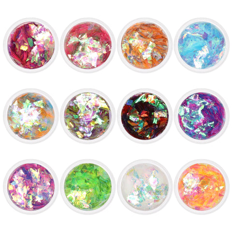 Colorful mylar glitter flakes set, 12 jars, iridescent aurora rainbow flakes for mermaid and DIY nail art