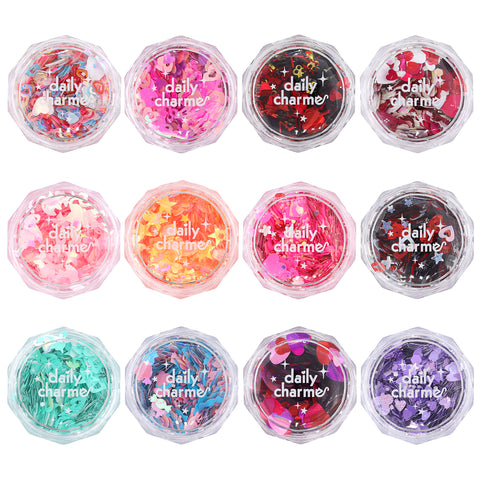 Wonderland Heart glitter mix set, 12 jars, holographic iridescent matte heart shapes for Valentine's Day love nail art